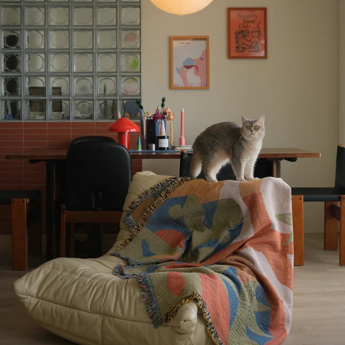 Cat sitting on a chair with a colorful couch blanket in a room with a dining table and wall art.