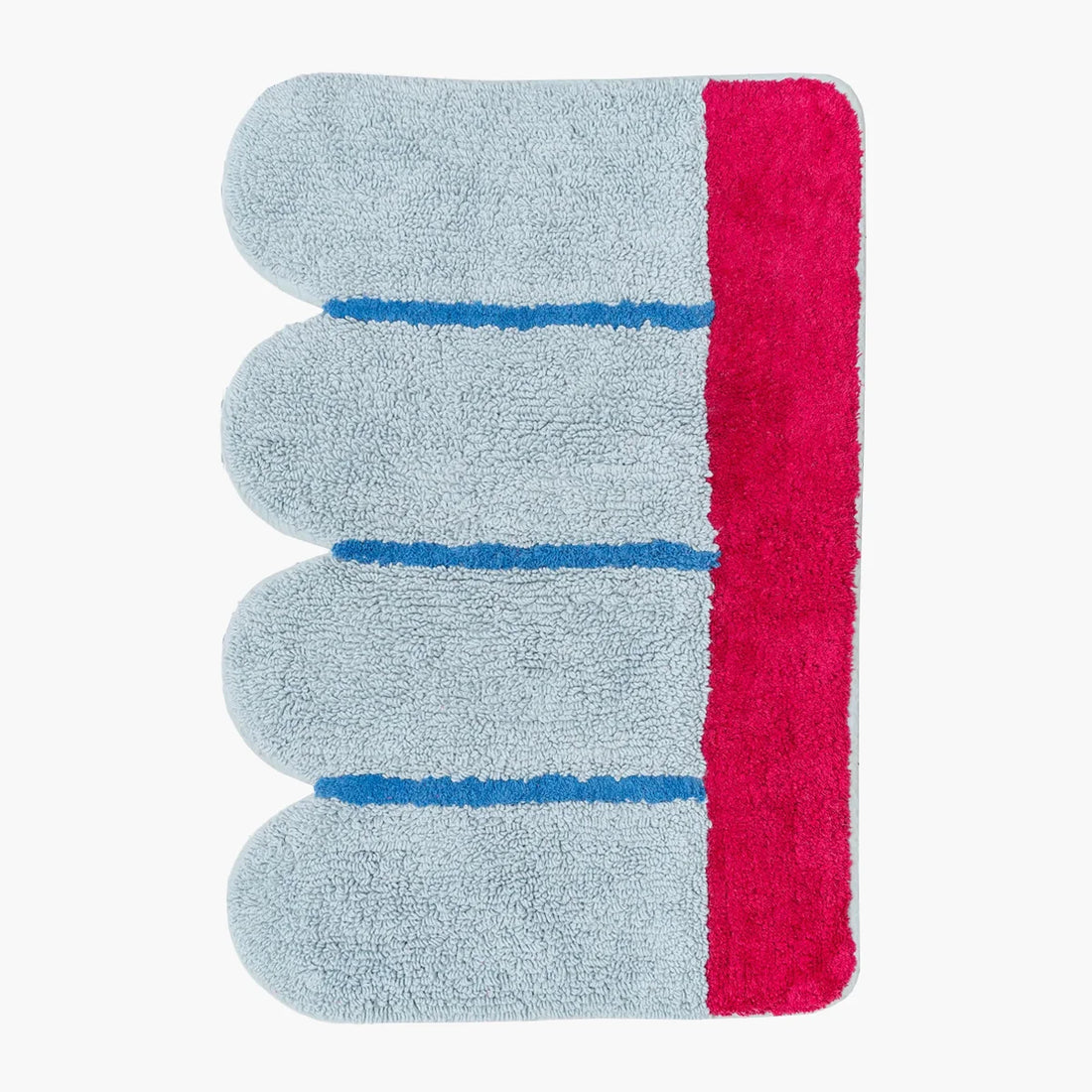 Designer bath mat with blue and pink design, designed in Barcelona