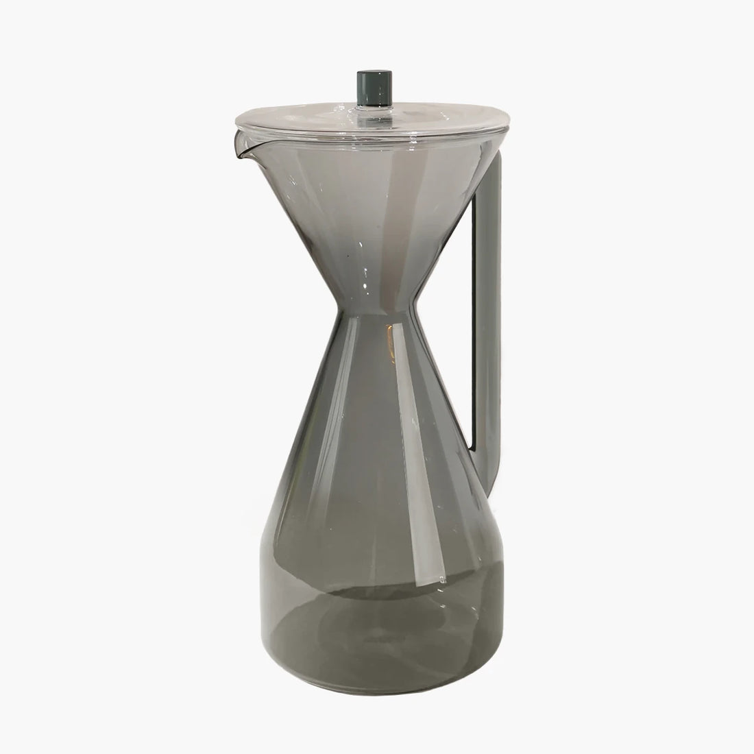 Gray glass hourglass-shaped pourover carafe on a white background