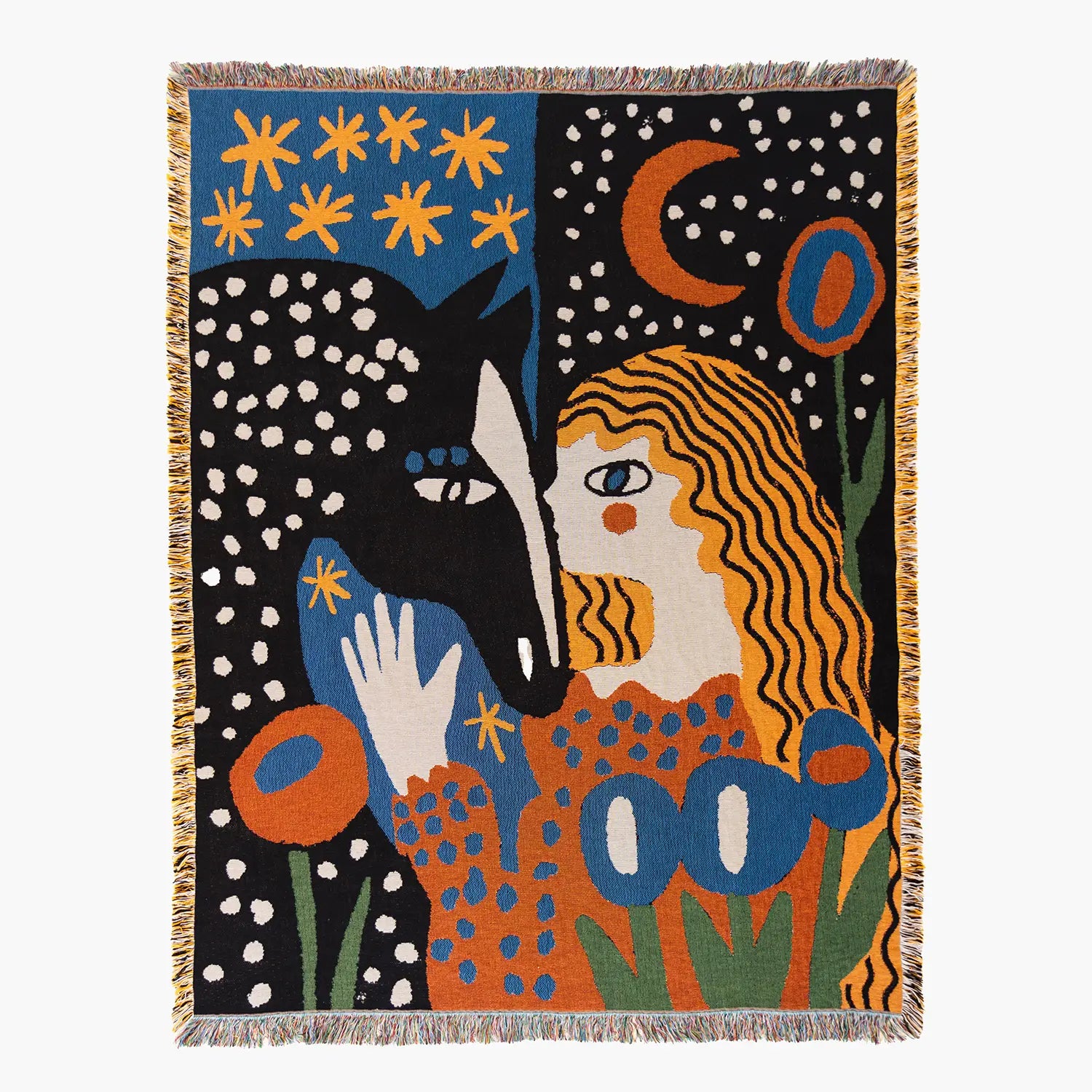 Alma Throw - Slowdown Studio. Colorful woven throw blanket tapestry with abstract folk design of a woman, horse, stars, and flowers on a black background