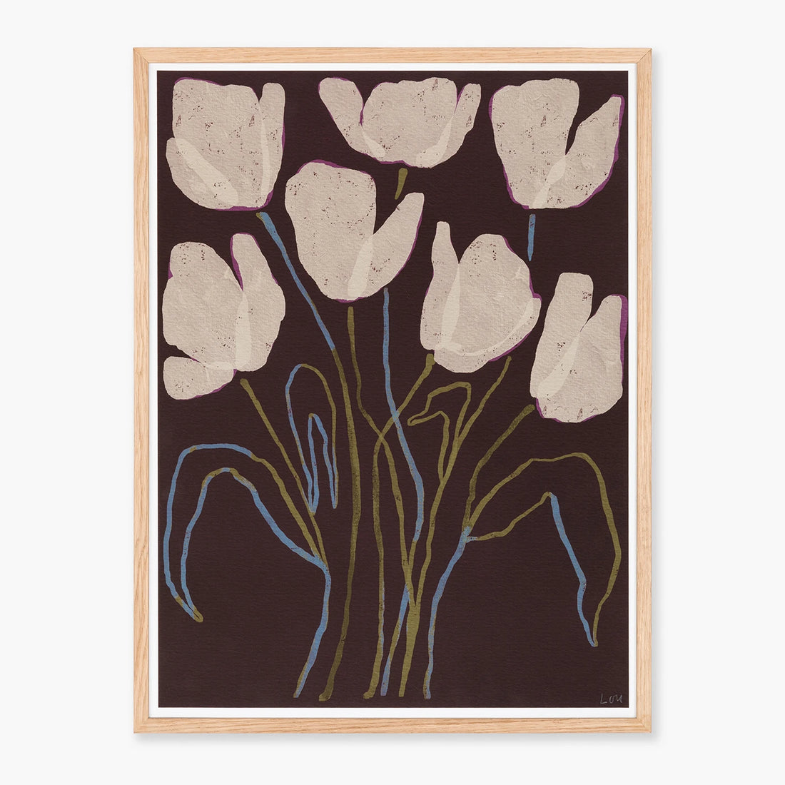 Wall art featuring floral tulip flowers in light beige with blue and olive stems on a dark brown background, enclosed in a light natural wood frame.