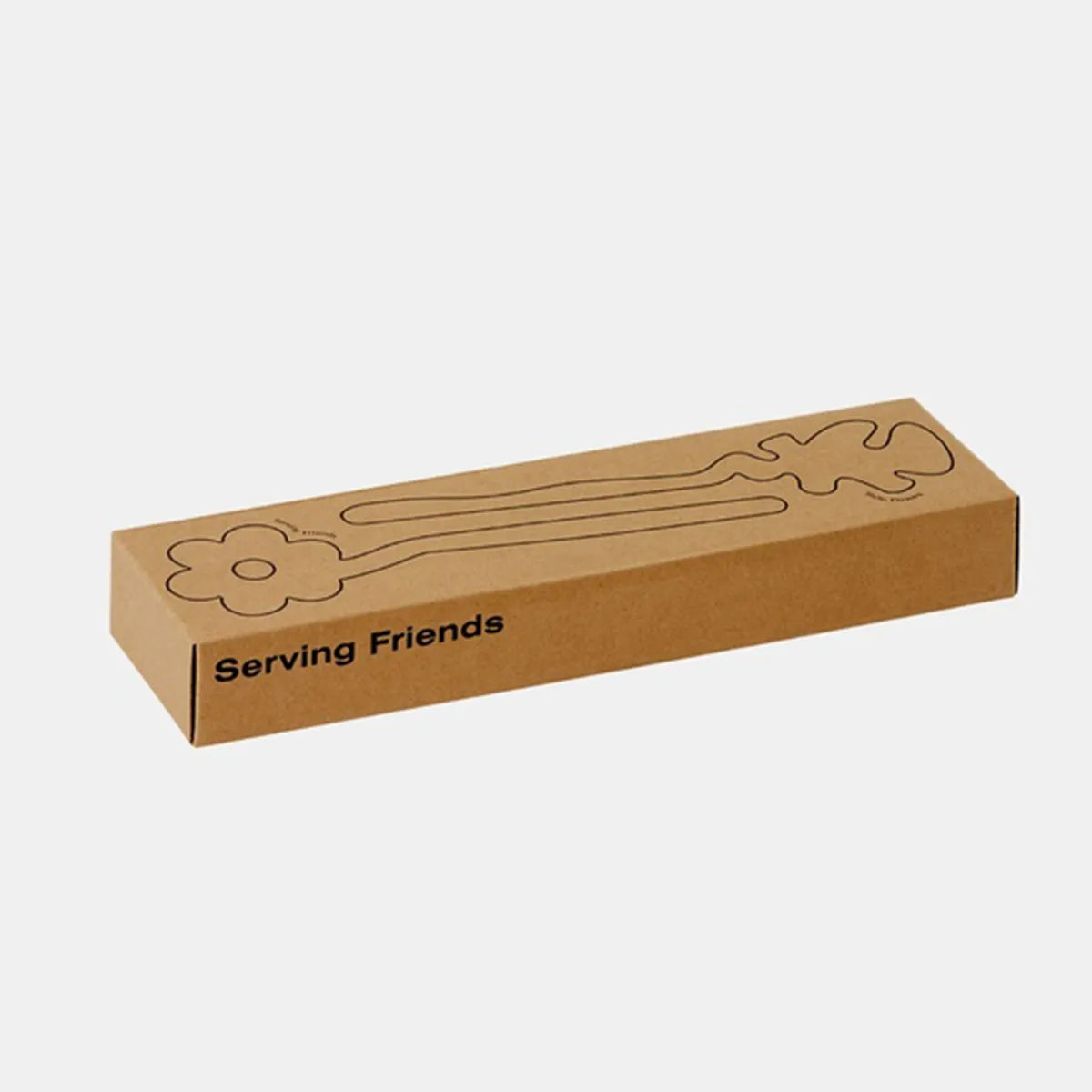 Kraft cardboard packaging box labelled "Serving Friends," with a line drawing of two flower-shaped serving spoons by Areaware on the lid.