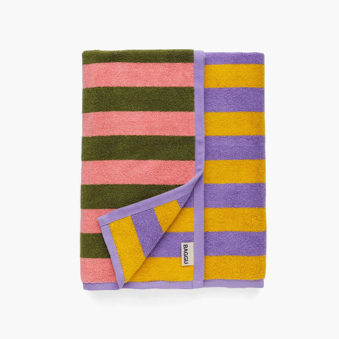 Folded towel with multicolored stripes on a white background