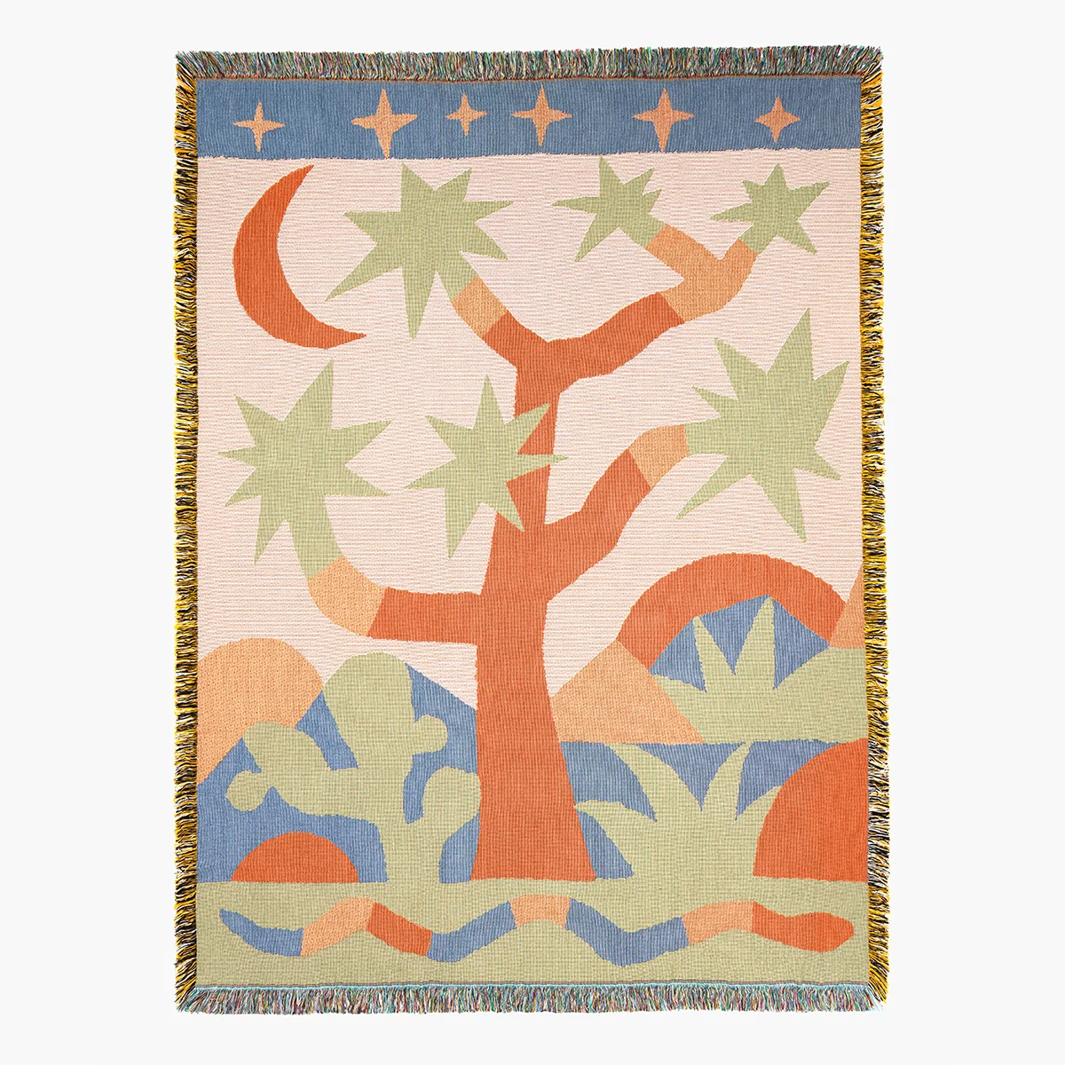 Woven bed blanket with colorful tree design. Blanket for couch or blanket for bed.