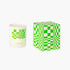 Candle with green and white checkered design next to its box on a white background