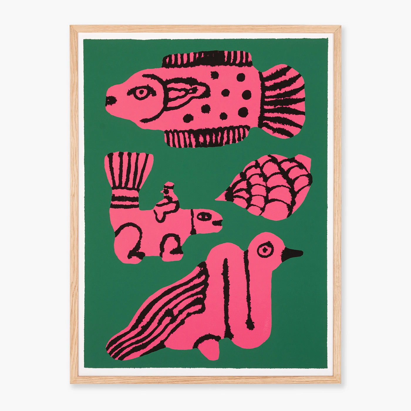 Wall art featuring an abstract pink and black illustration of four animals on a dark green background, enclosed in a light natural wood frame.