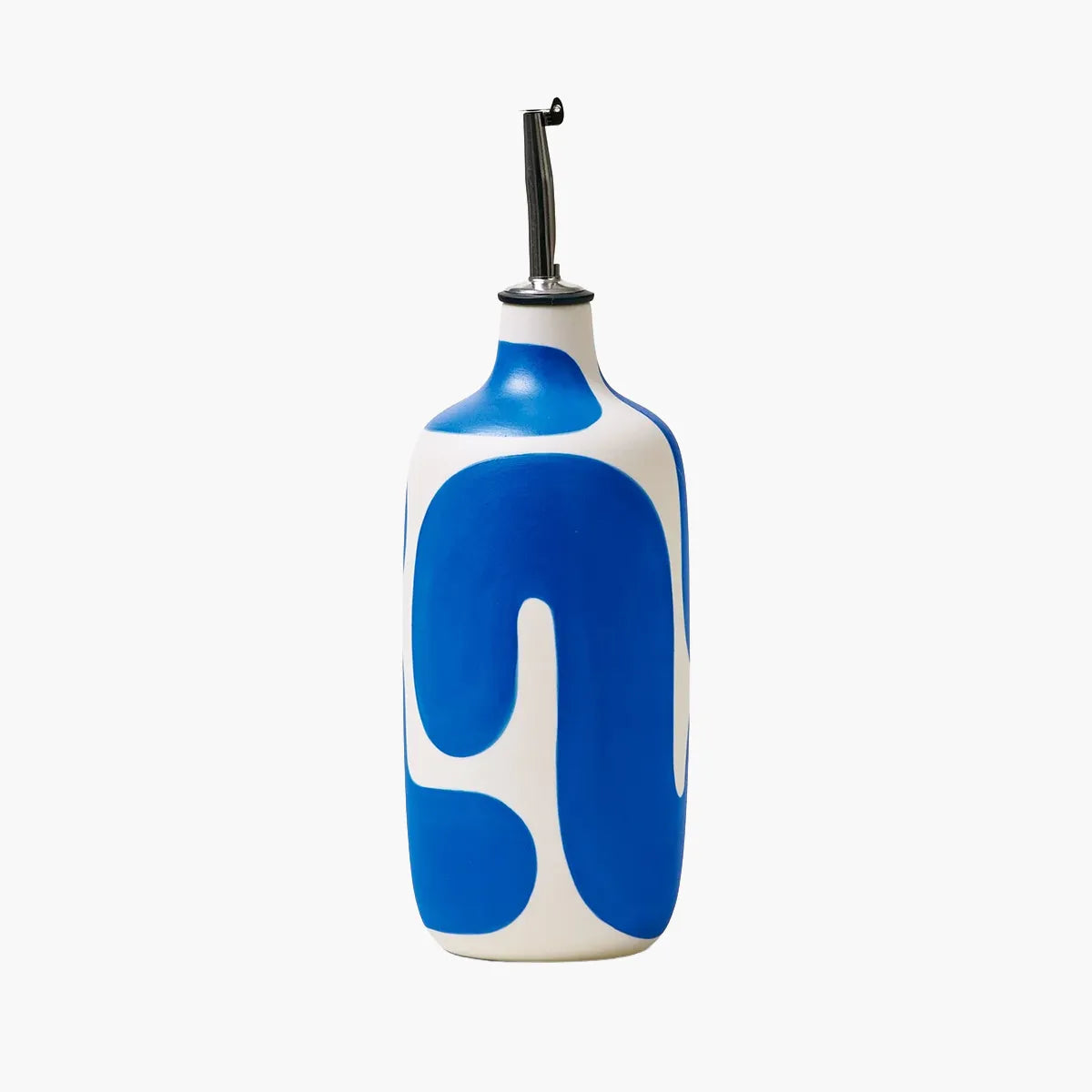 White bottle with blue abstract design on a white background