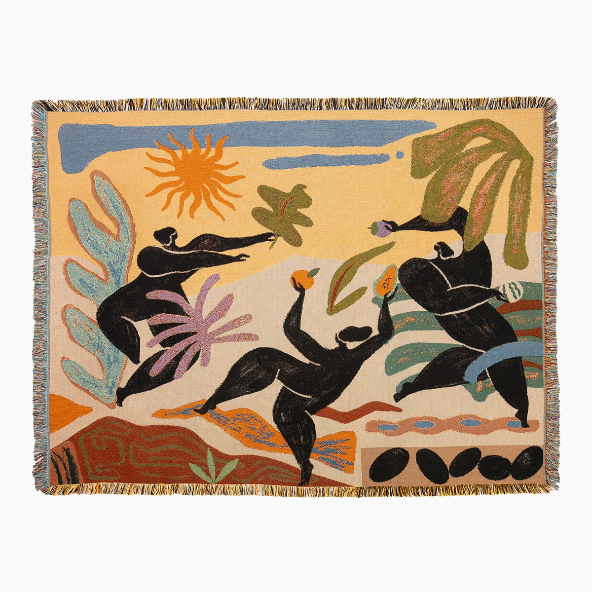 Marais woven throw blanket with a colorful abstract folk-art design featuring stylized human figures, a sun, leaves, and geometric shapes on a cream background, finished with fringed edges.