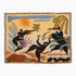 Marais woven throw blanket with a colorful abstract folk-art design featuring stylized human figures, a sun, leaves, and geometric shapes on a cream background, finished with fringed edges.