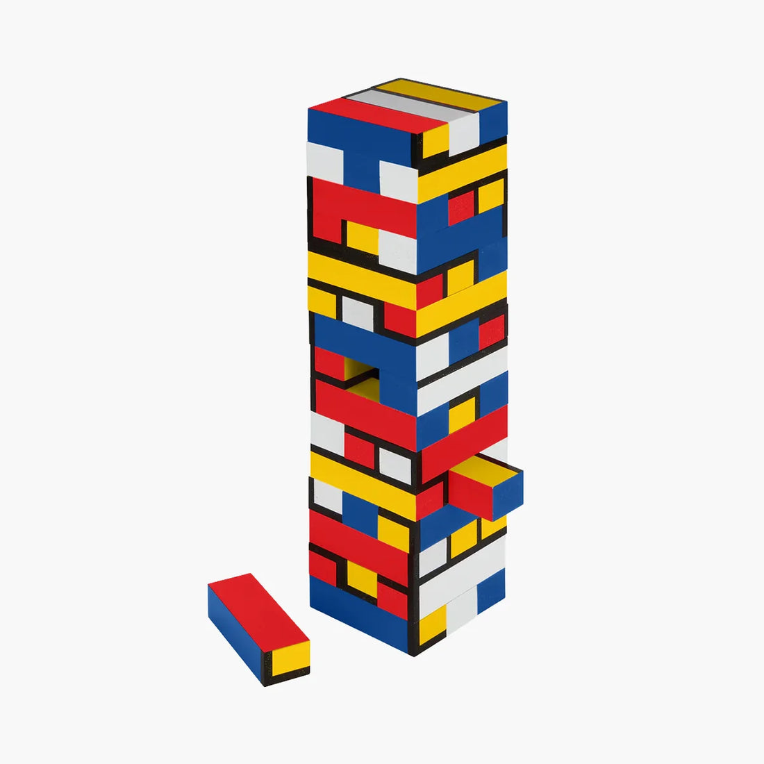 Colorful geometric block tower on a white background