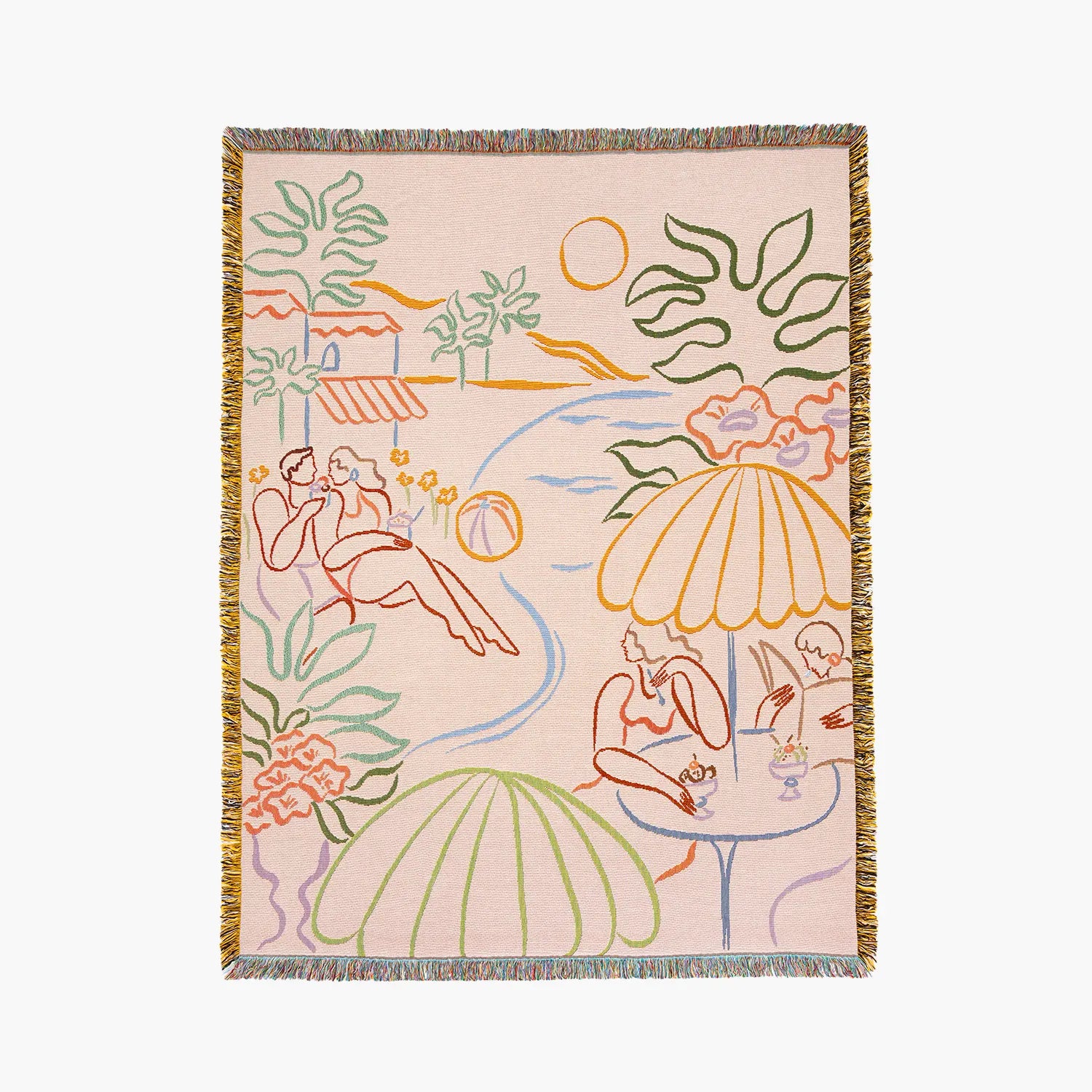 Decorative blanket with colorful beach scene design on a beige background