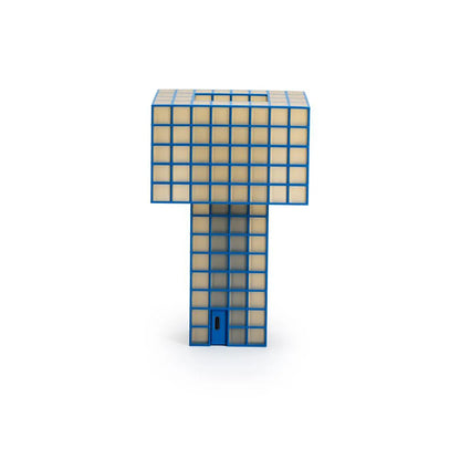 A Ridezign Tesser 5:8 Lamp made from a blue-framed grid of frosted cream glass panels, standing on a white background.