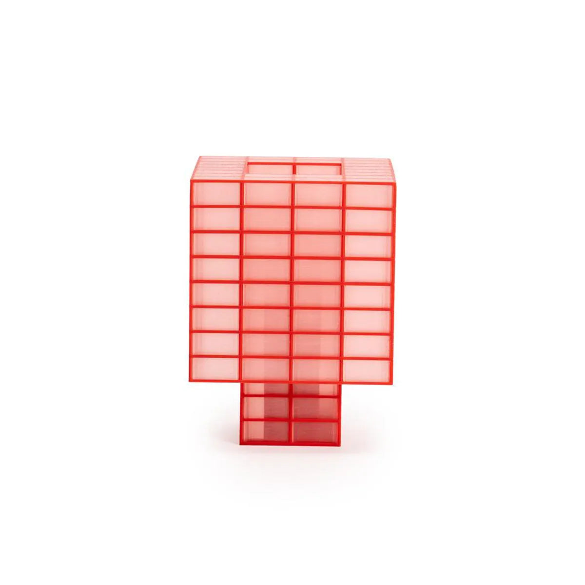 A Ridezign Tesser 8:3 Lamp in Cherry with grids and squares on a white background.