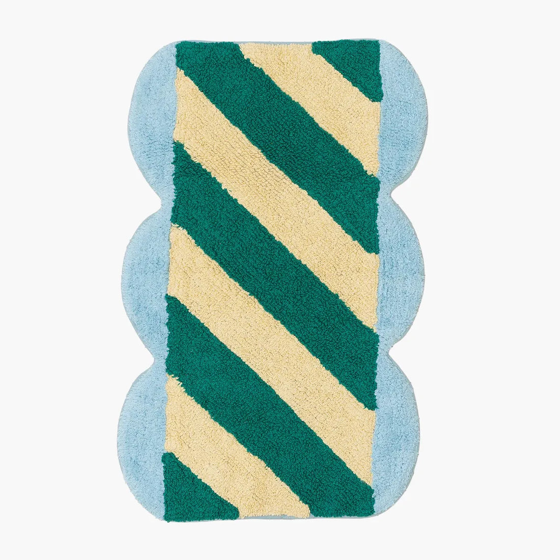 Rectangular bath mat with green and beige striped pattern on a light blue background
