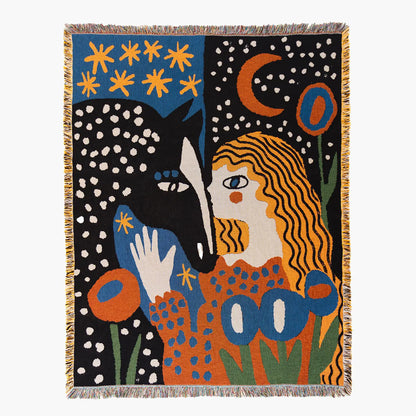 Alma Throw - Slowdown Studio. Colorful woven throw blanket tapestry with abstract folk design of a woman, horse, stars, and flowers on a black background